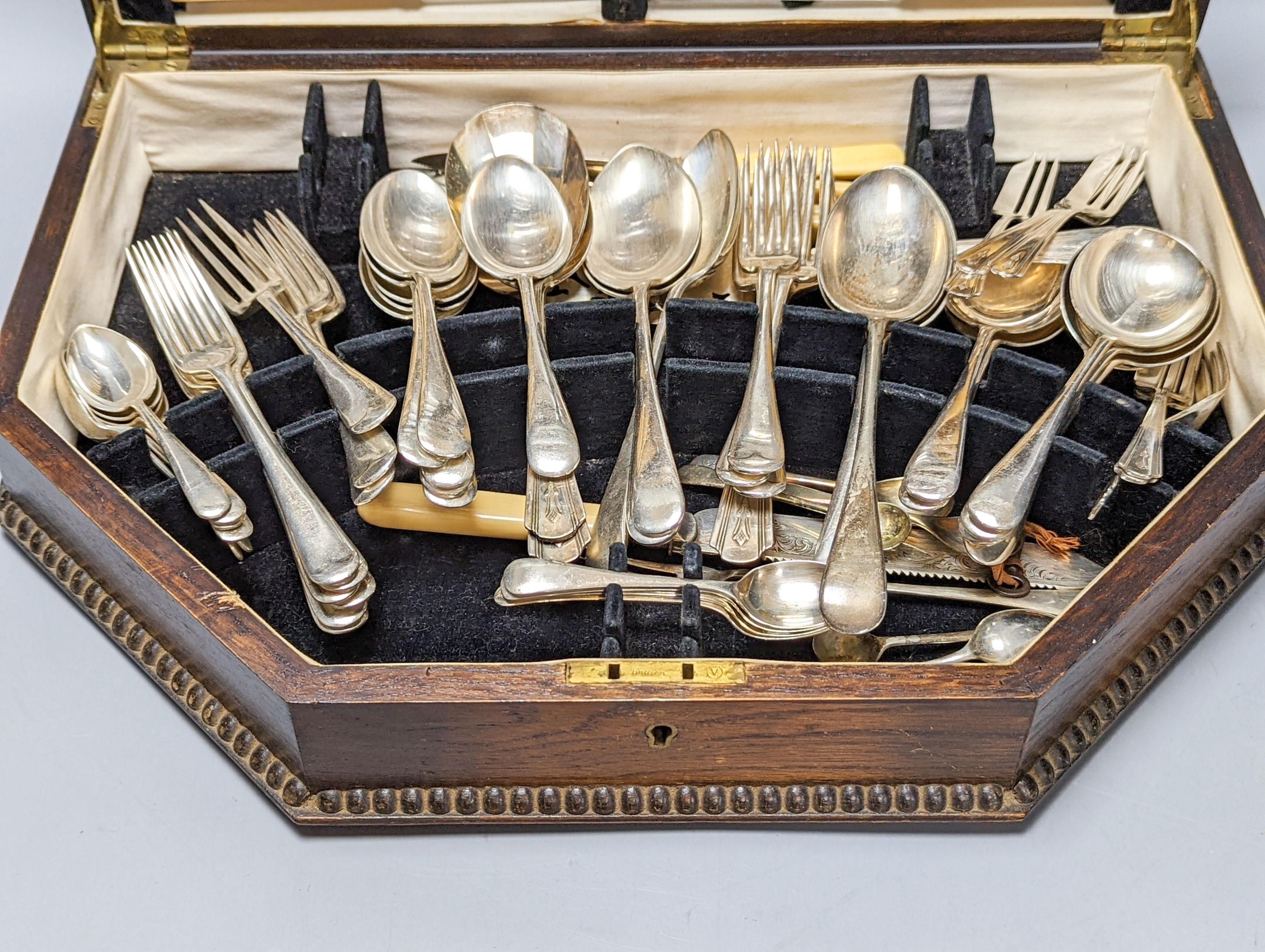An oak cased canteen of mixed plated flatware together with other plated wares including 2 cased sets
